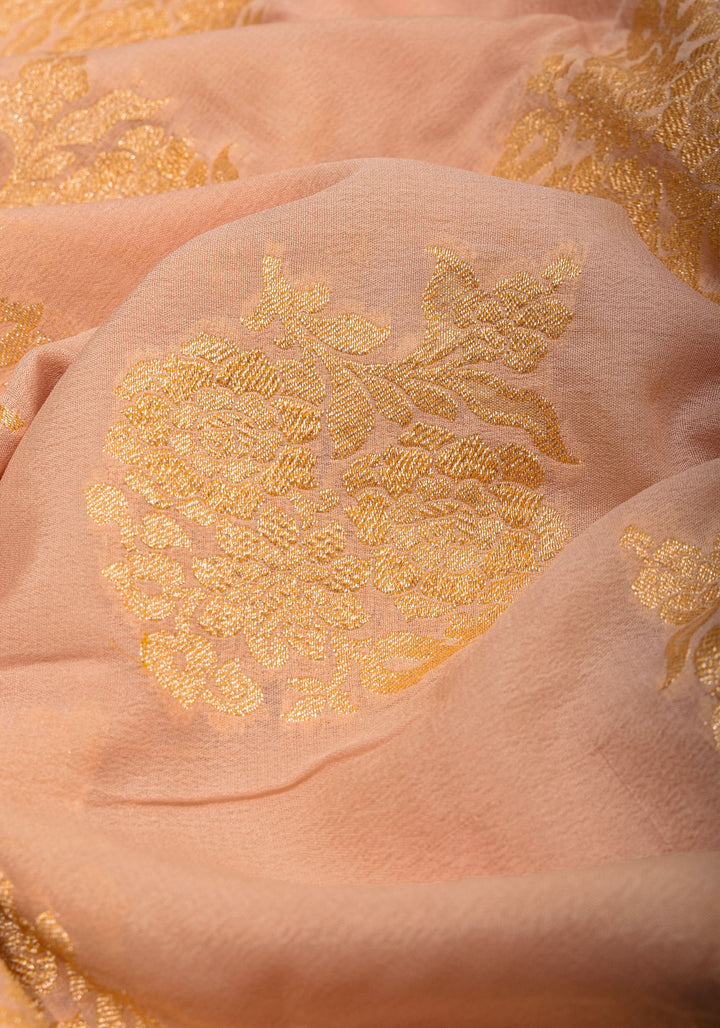 Blush Peach Pure Silk Chiffon Saree with Zari Buttas and Elongated Florals in Pallu | SILK MARK CERTIFIED