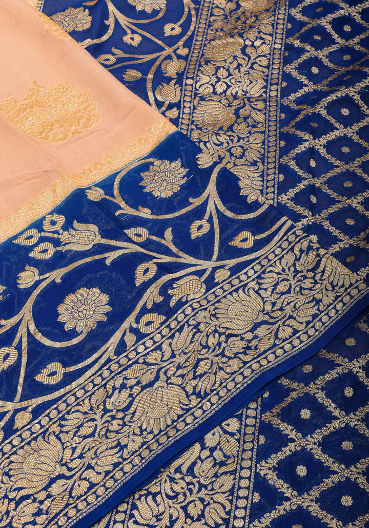 Blush Peach Pure Silk Chiffon Saree with Zari Buttas and Elongated Florals in Pallu | SILK MARK CERTIFIED