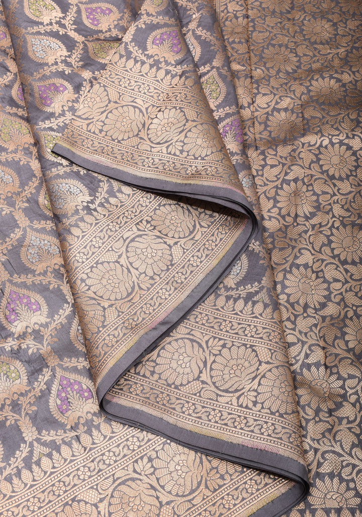 Authentic Banarasi Meenakari Jaal Katan Silk Saree in Gray | SILK MARK CERTIFIED