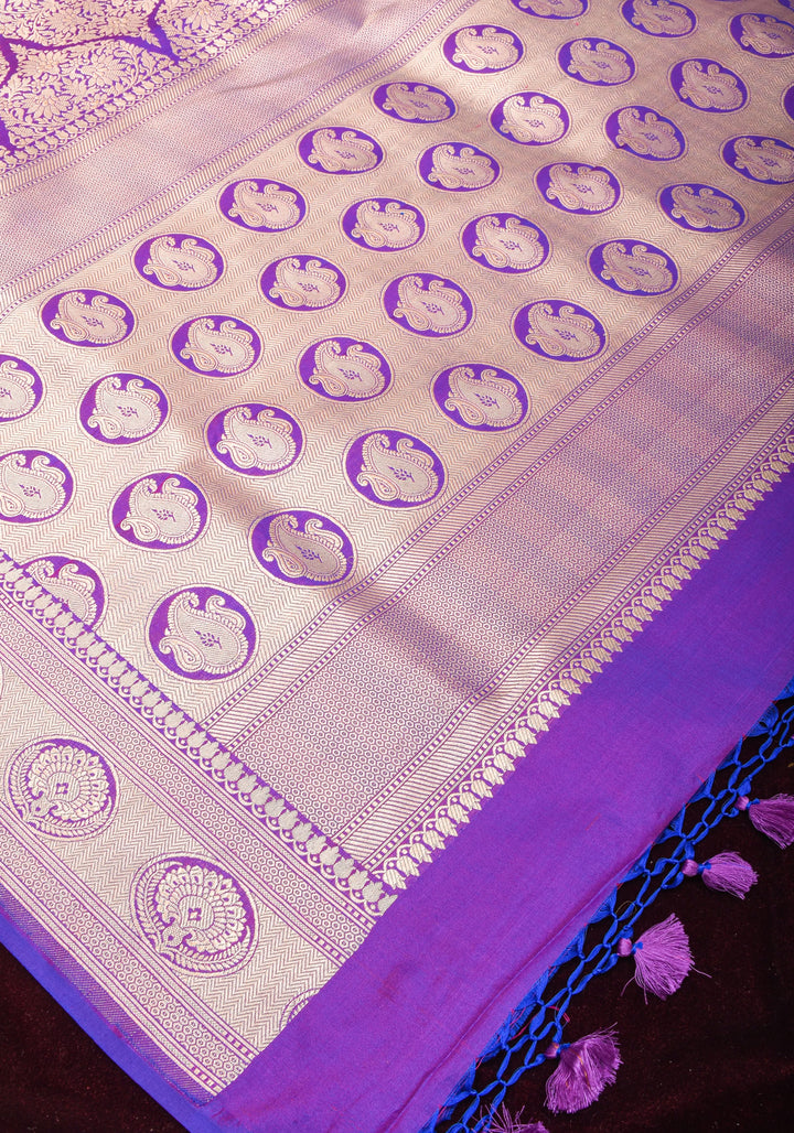 Magnificent Banarasi Katan Silk saree in Purple blue dual tone with Persian Trellis Jaal and zari border | SILK MARK CERTIFIED