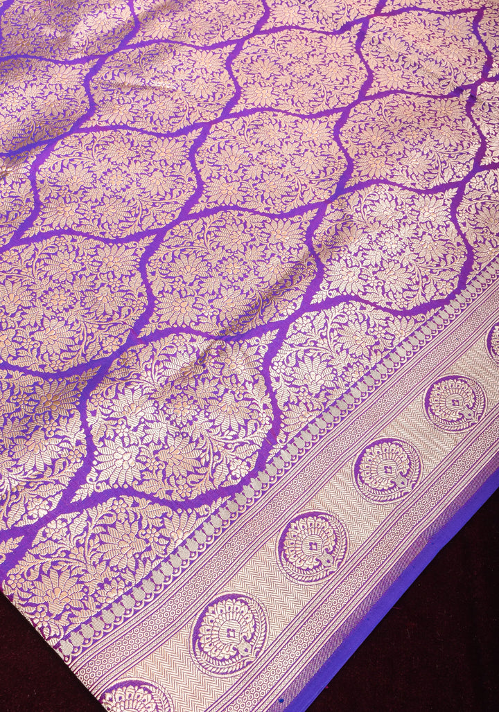 Magnificent Banarasi Katan Silk saree in Purple blue dual tone with Persian Trellis Jaal and zari border | SILK MARK CERTIFIED
