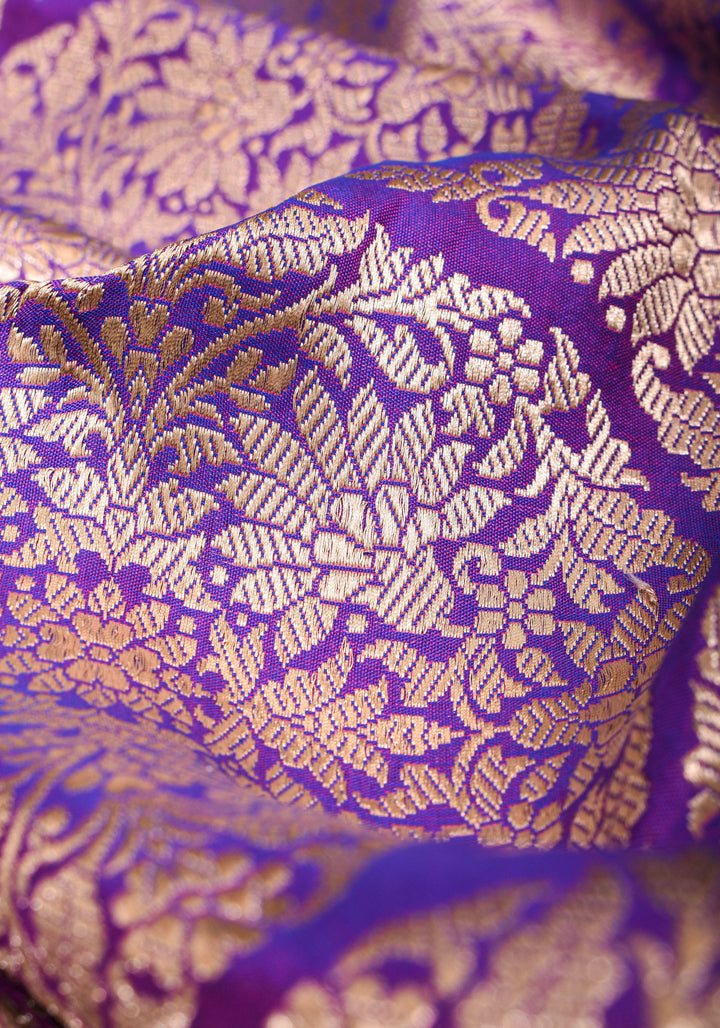Magnificent Banarasi Katan Silk saree in Purple blue dual tone with Persian Trellis Jaal and zari border | SILK MARK CERTIFIED
