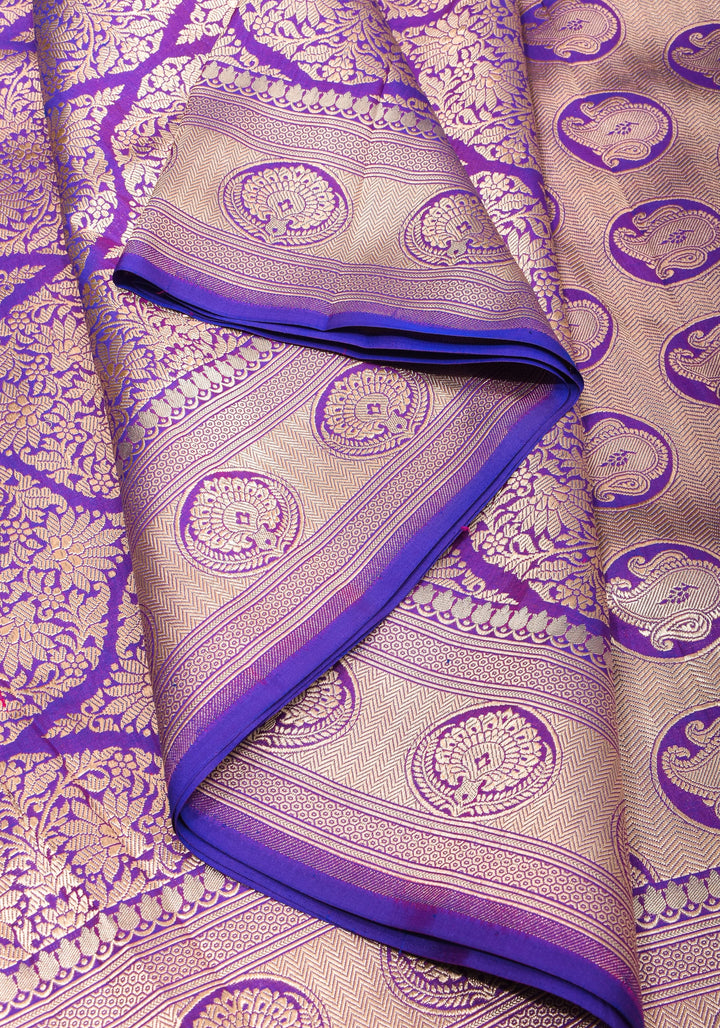 Magnificent Banarasi Katan Silk saree in Purple blue dual tone with Persian Trellis Jaal and zari border | SILK MARK CERTIFIED