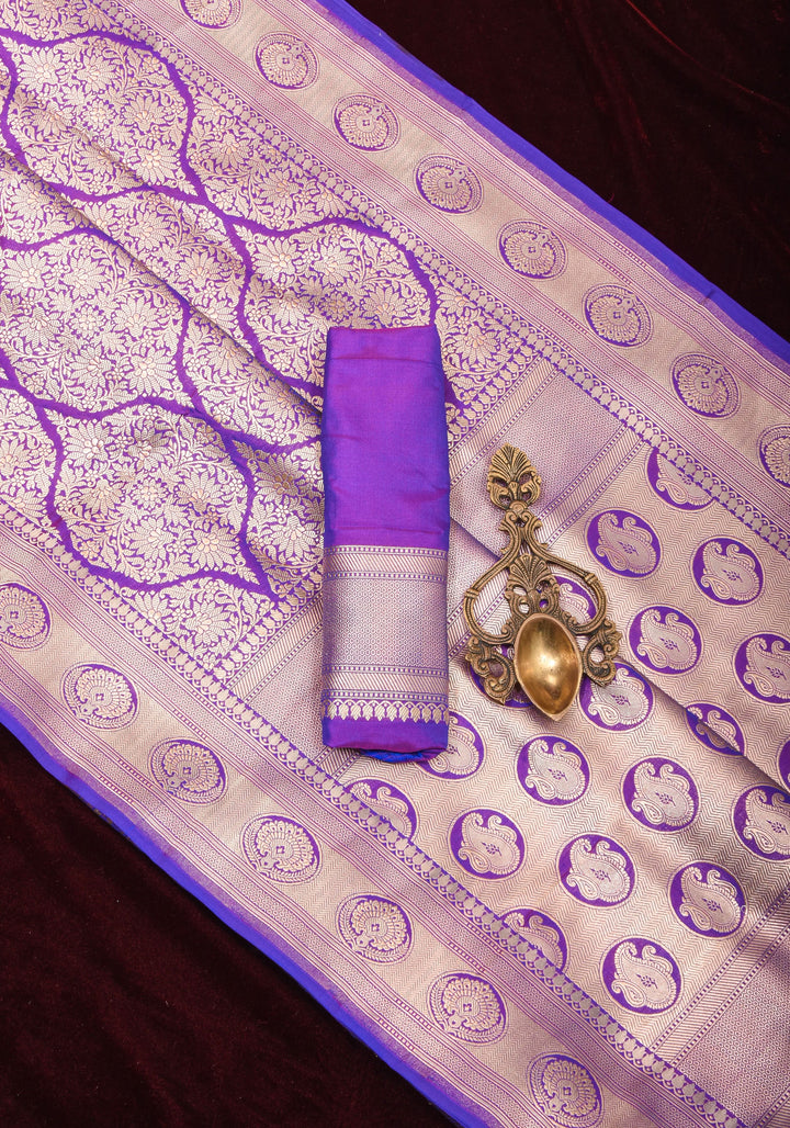 Magnificent Banarasi Katan Silk saree in Purple blue dual tone with Persian Trellis Jaal and zari border | SILK MARK CERTIFIED
