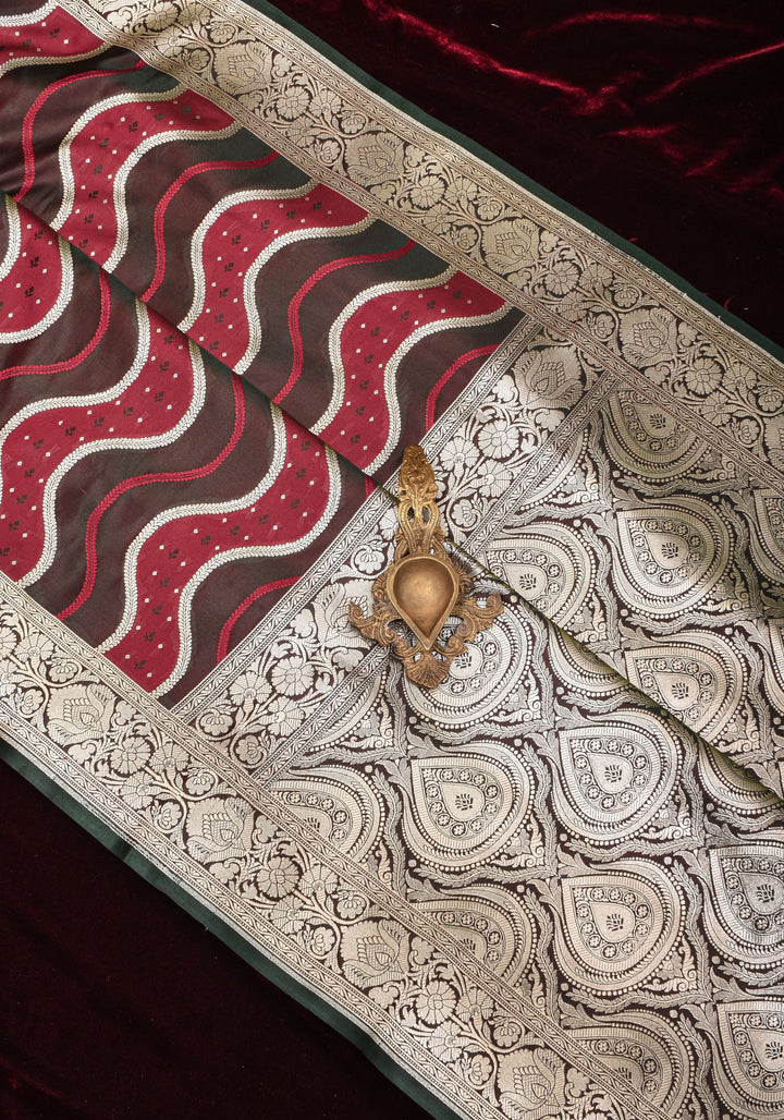 Maroon tone Exquisite Meenakari Vertical Wavy curve zari lines Semi Silk Saree and zari border