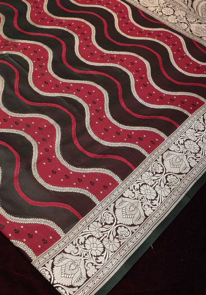 Maroon tone Exquisite Meenakari Vertical Wavy curve zari lines Semi Silk Saree and zari border