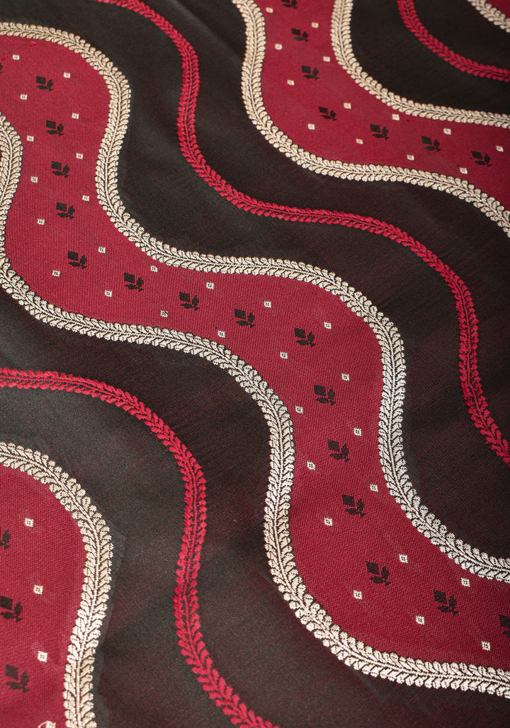Maroon tone Exquisite Meenakari Vertical Wavy curve zari lines Semi Silk Saree and zari border