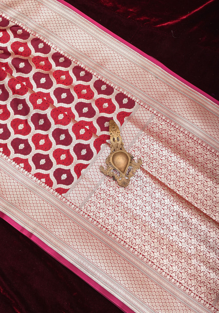 Dark Red tone Exquisite Meenakari Moroccan Design Semi Silk Saree and zari border