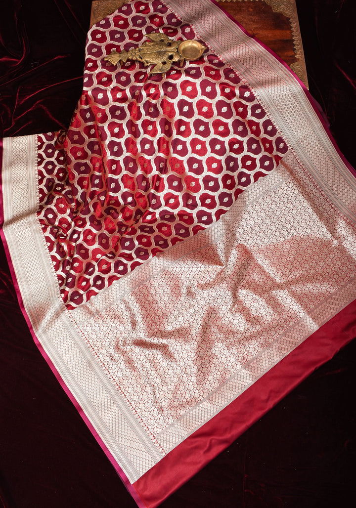 Dark Red tone Exquisite Meenakari Moroccan Design Semi Silk Saree and zari border