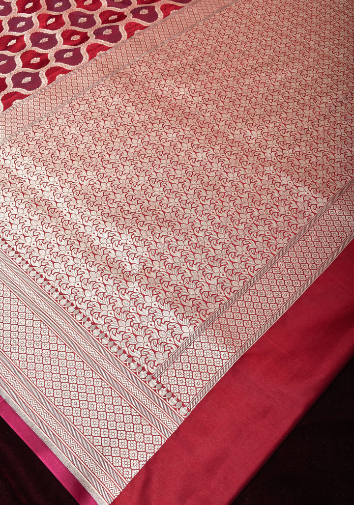 Dark Red tone Exquisite Meenakari Moroccan Design Semi Silk Saree and zari border