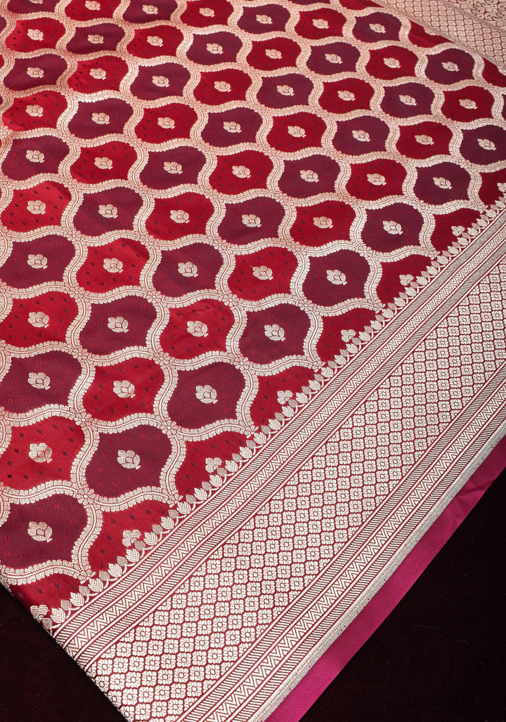 Dark Red tone Exquisite Meenakari Moroccan Design Semi Silk Saree and zari border