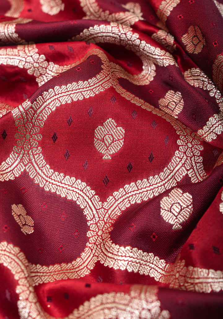 Dark Red tone Exquisite Meenakari Moroccan Design Semi Silk Saree and zari border