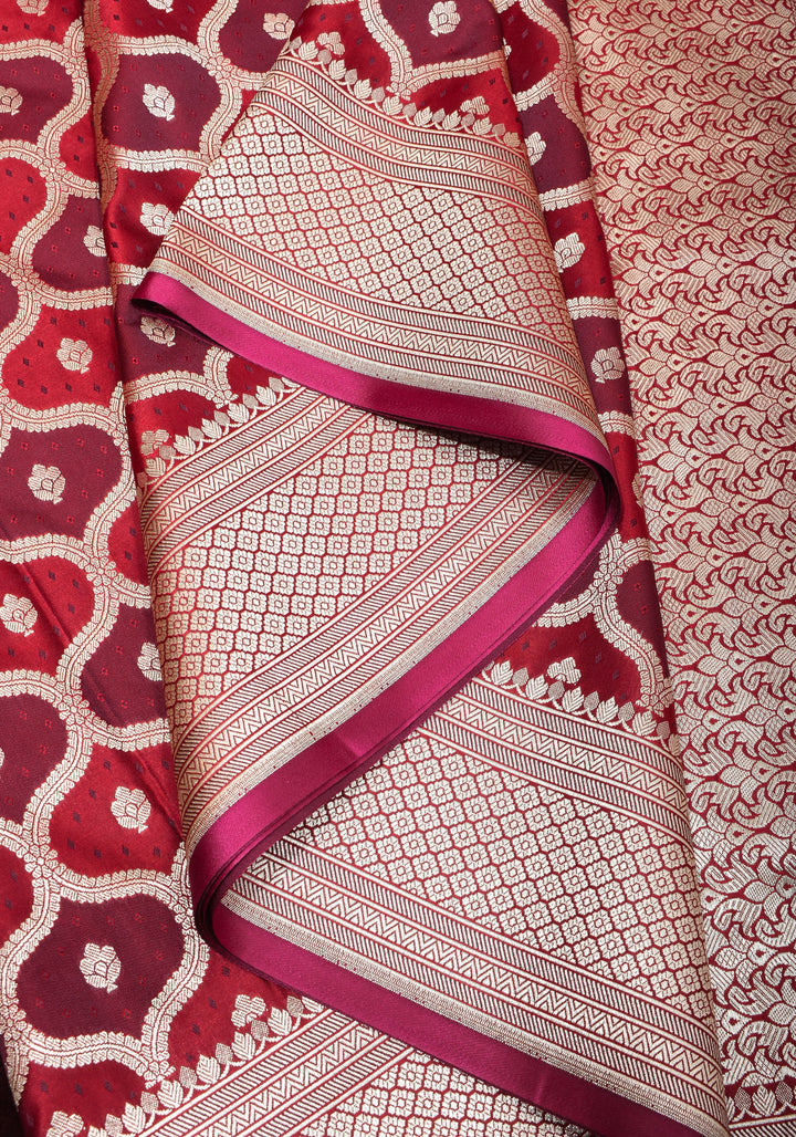 Dark Red tone Exquisite Meenakari Moroccan Design Semi Silk Saree and zari border
