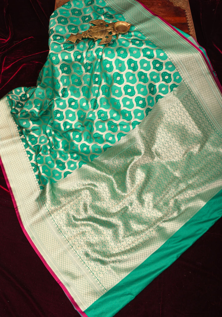 Teal green Moroccan trellis Zari jaal Semi Silk Saree and zari border