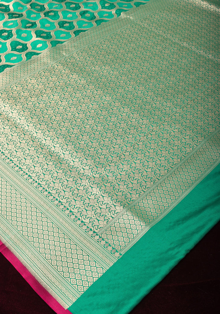 Teal green Moroccan trellis Zari jaal Semi Silk Saree and zari border