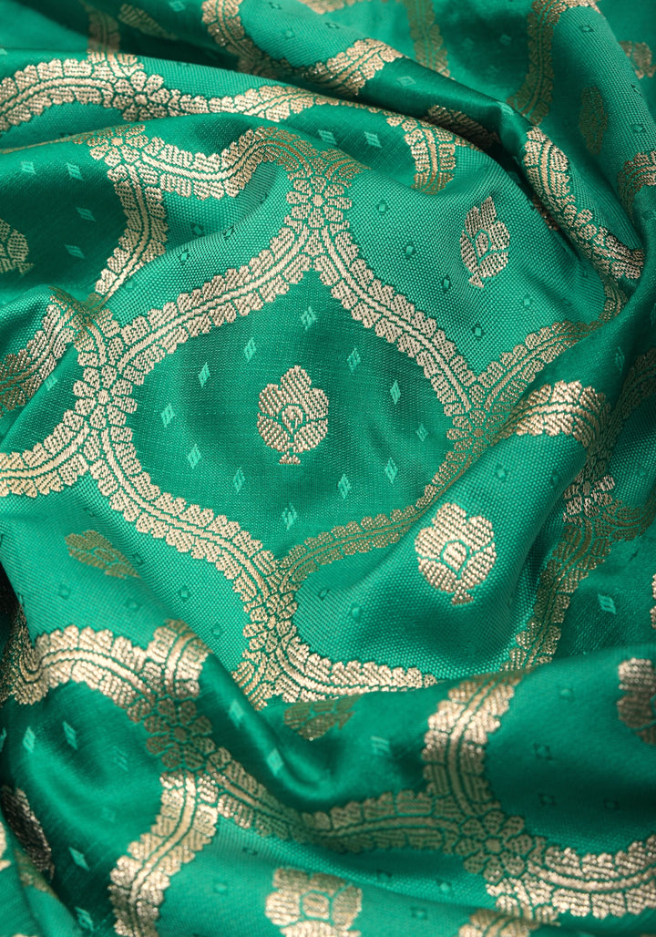 Teal green Moroccan trellis Zari jaal Semi Silk Saree and zari border