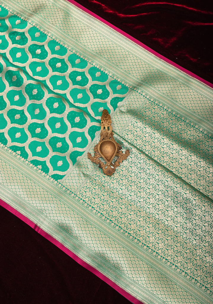 Teal green Moroccan trellis Zari jaal Semi Silk Saree and zari border