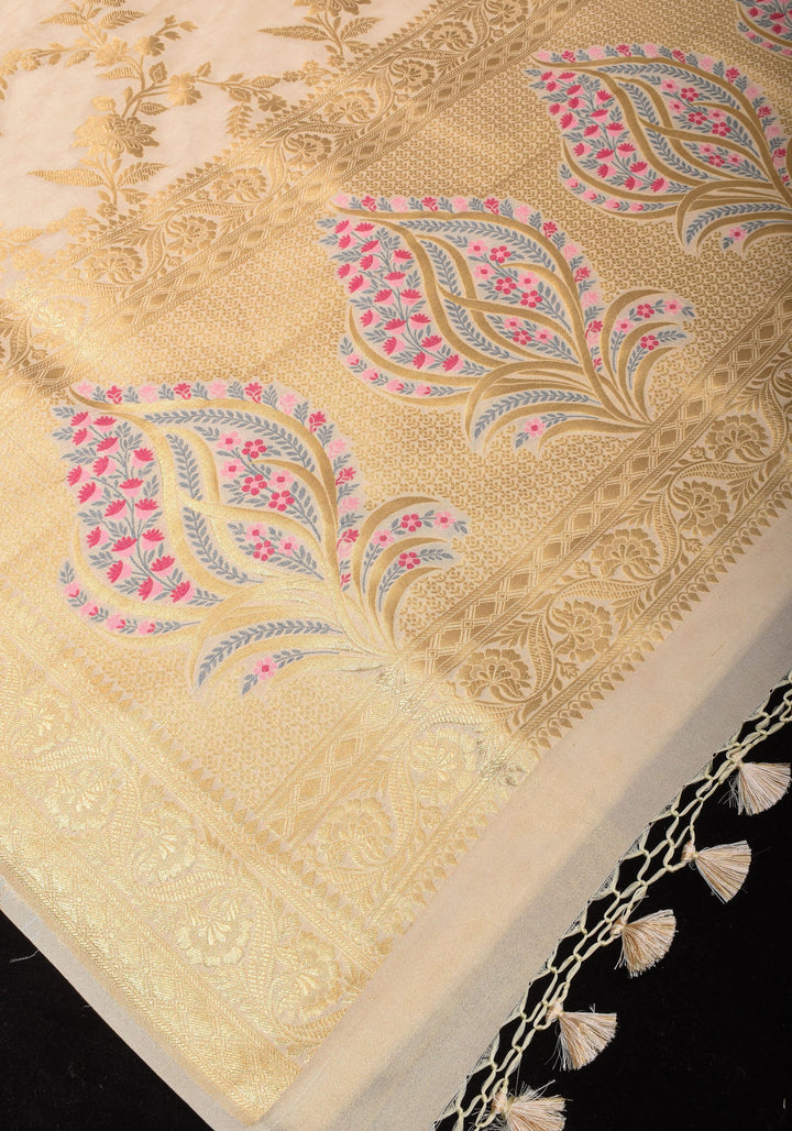 Ivory Tissue Semi silk saree with leheria Zari Floral vine Pattern and Meenakari Zari Pallu