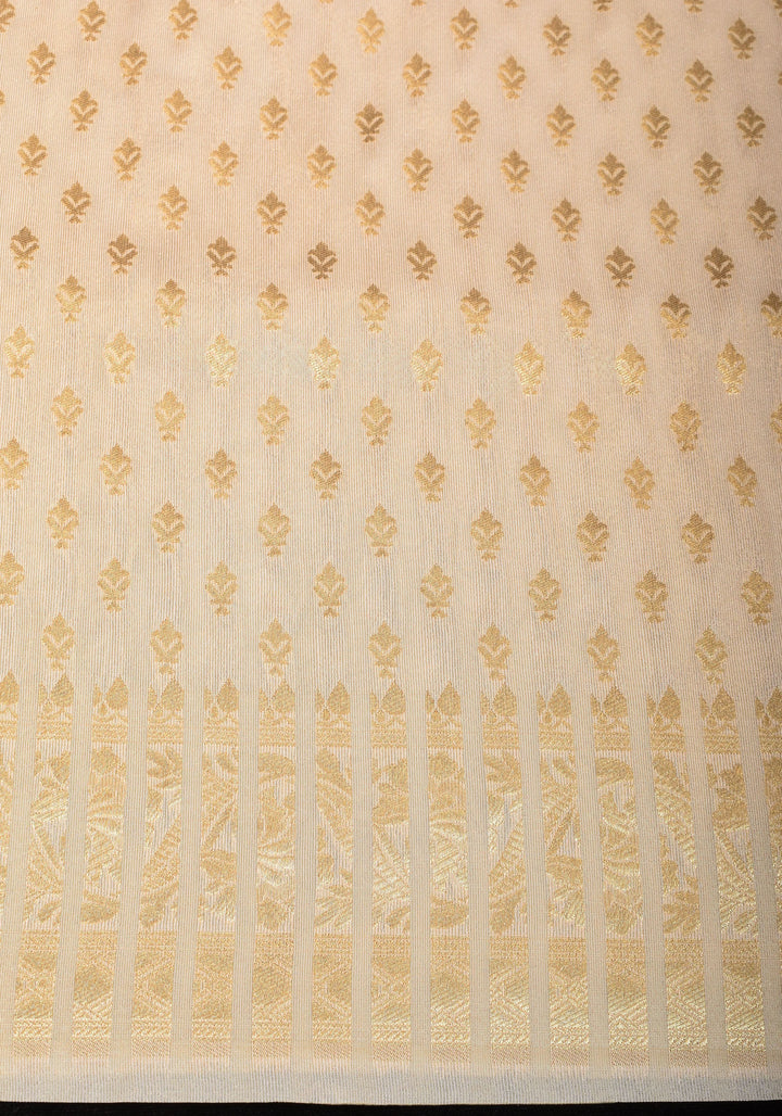 Ivory Tissue Semi silk saree with leheria Zari Floral vine Pattern and Meenakari Zari Pallu