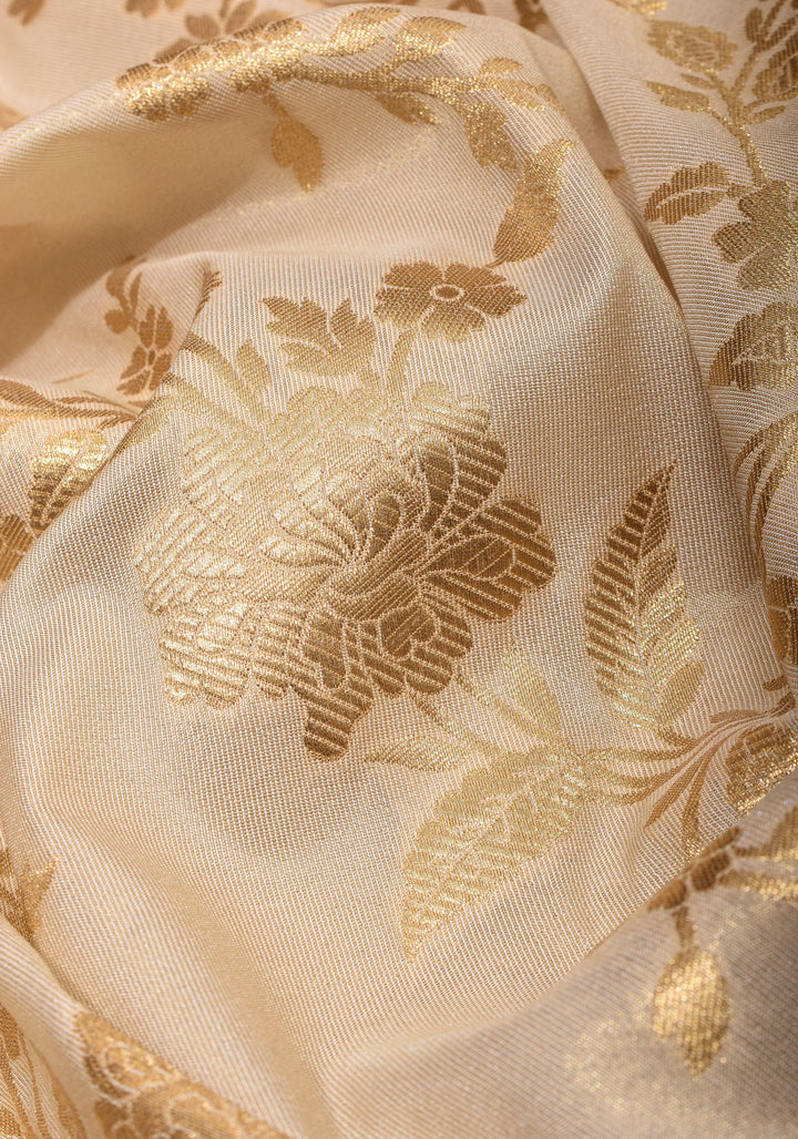 Ivory Tissue Semi silk saree with leheria Zari Floral vine Pattern and Meenakari Zari Pallu