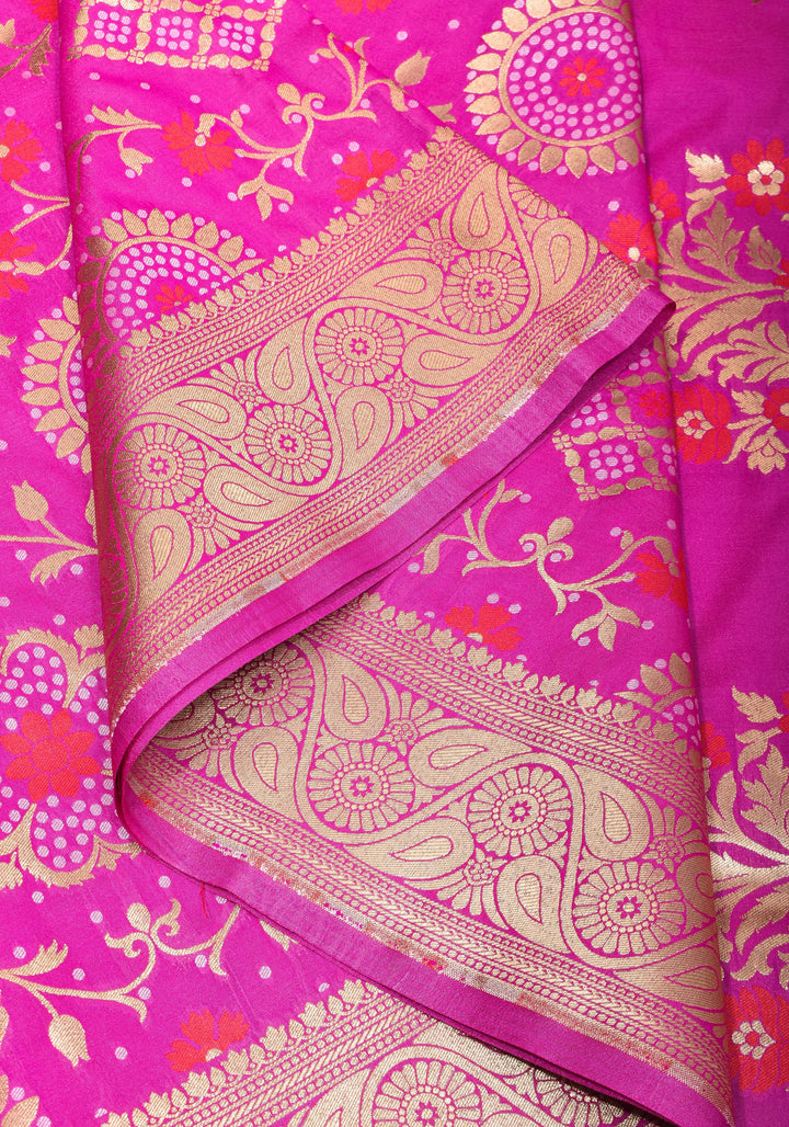 Exquisite Fuchsia Semi Silk Saree with Floral jaal Meenakari Body Zari Border and Pallu