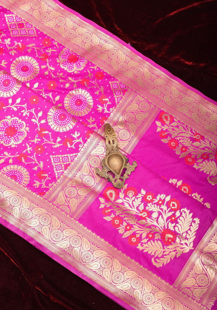 Exquisite Fuchsia Semi Silk Saree with Floral jaal Meenakari Body Zari Border and Pallu