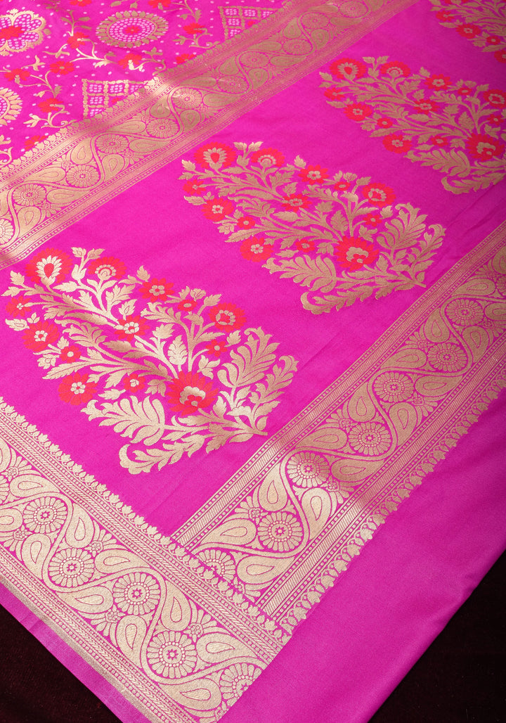 Exquisite Fuchsia Semi Silk Saree with Floral jaal Meenakari Body Zari Border and Pallu