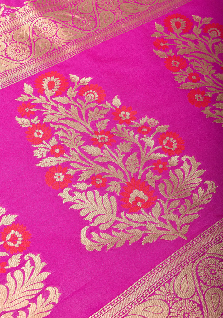 Exquisite Fuchsia Semi Silk Saree with Floral jaal Meenakari Body Zari Border and Pallu
