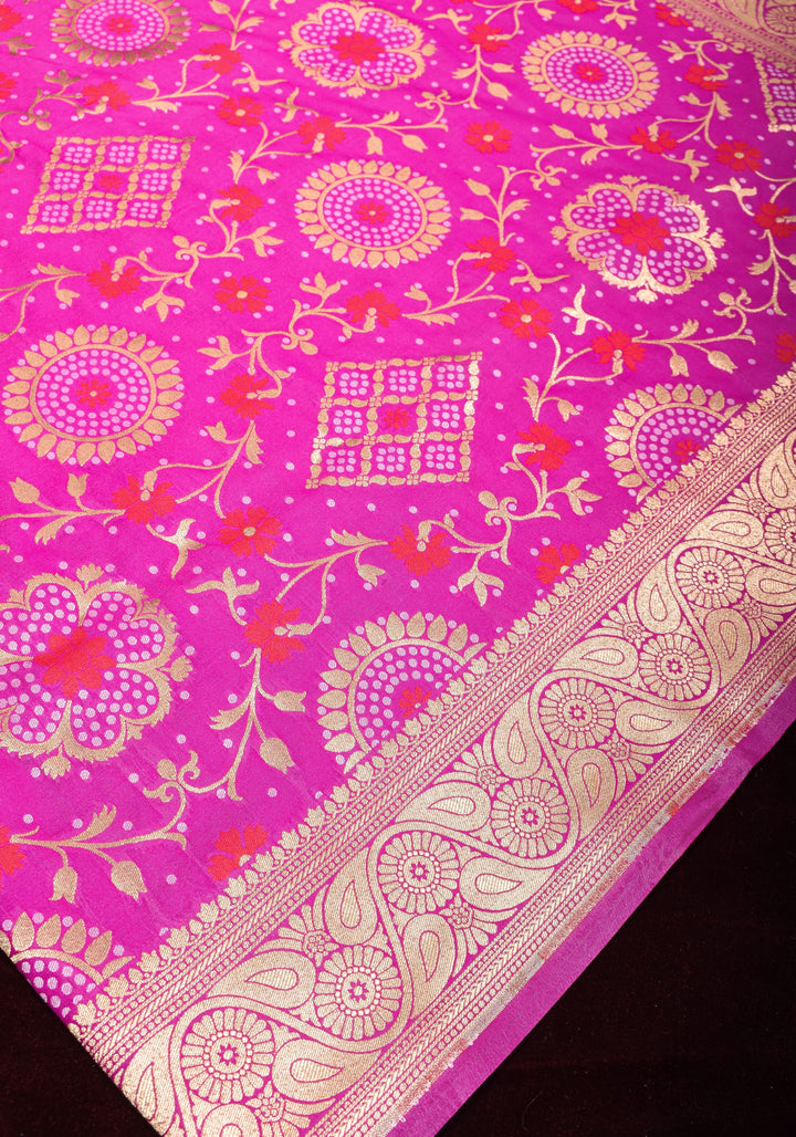 Exquisite Fuchsia Semi Silk Saree with Floral jaal Meenakari Body Zari Border and Pallu