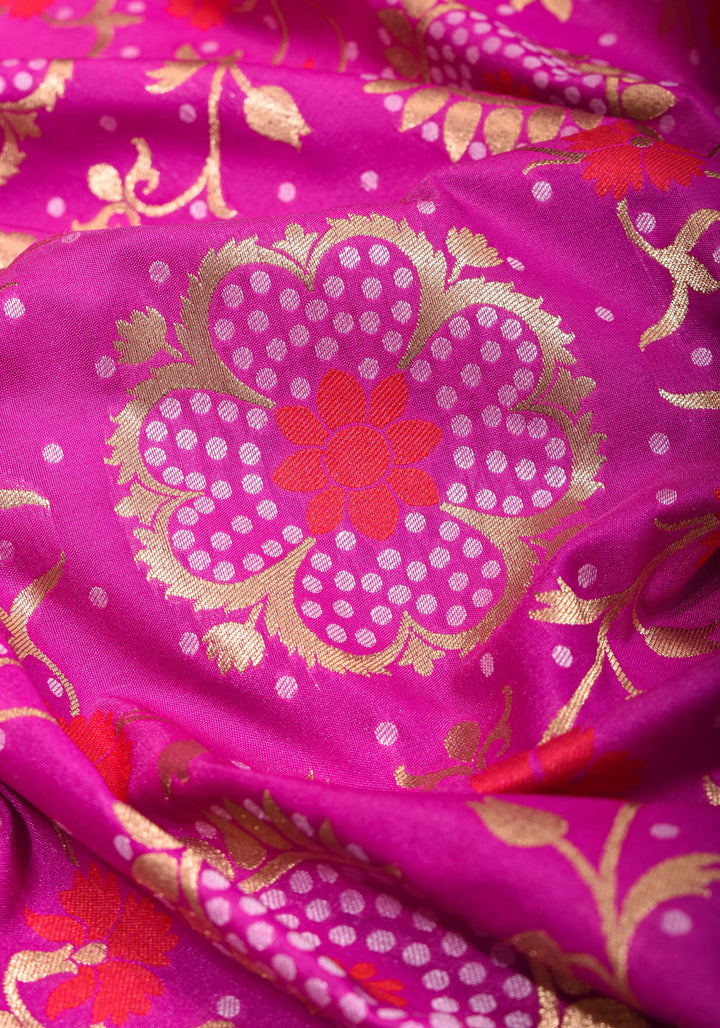 Exquisite Fuchsia Semi Silk Saree with Floral jaal Meenakari Body Zari Border and Pallu