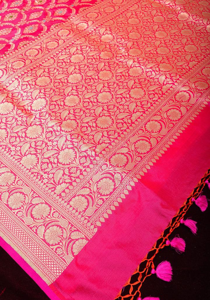 Pinkish Red Dual tone Meenakari brocade Pure Katan Silk Banarasi Saree with zari border and pallu | SILK MARK CERTIFIED