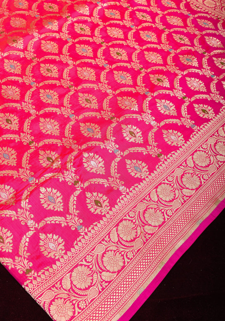 Pinkish Red Dual tone Meenakari brocade Pure Katan Silk Banarasi Saree with zari border and pallu | SILK MARK CERTIFIED