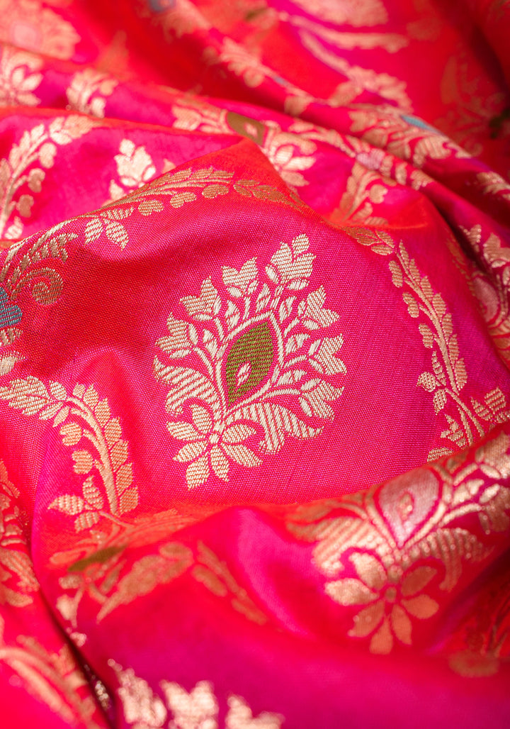 Pinkish Red Dual tone Meenakari brocade Pure Katan Silk Banarasi Saree with zari border and pallu | SILK MARK CERTIFIED