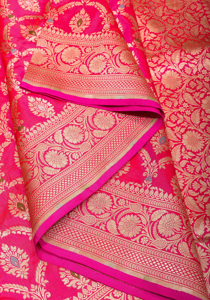 Pinkish Red Dual tone Meenakari brocade Pure Katan Silk Banarasi Saree with zari border and pallu | SILK MARK CERTIFIED