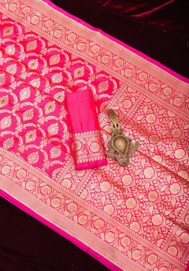 Pinkish Red Dual tone Meenakari brocade Pure Katan Silk Banarasi Saree with zari border and pallu | SILK MARK CERTIFIED