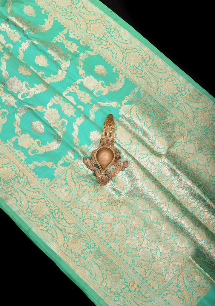 Seafoam tone Exquisite Floral Jaal Pure Katan Silk Banarasi Saree with zari border and pallu | SILK MARK CERTIFIED