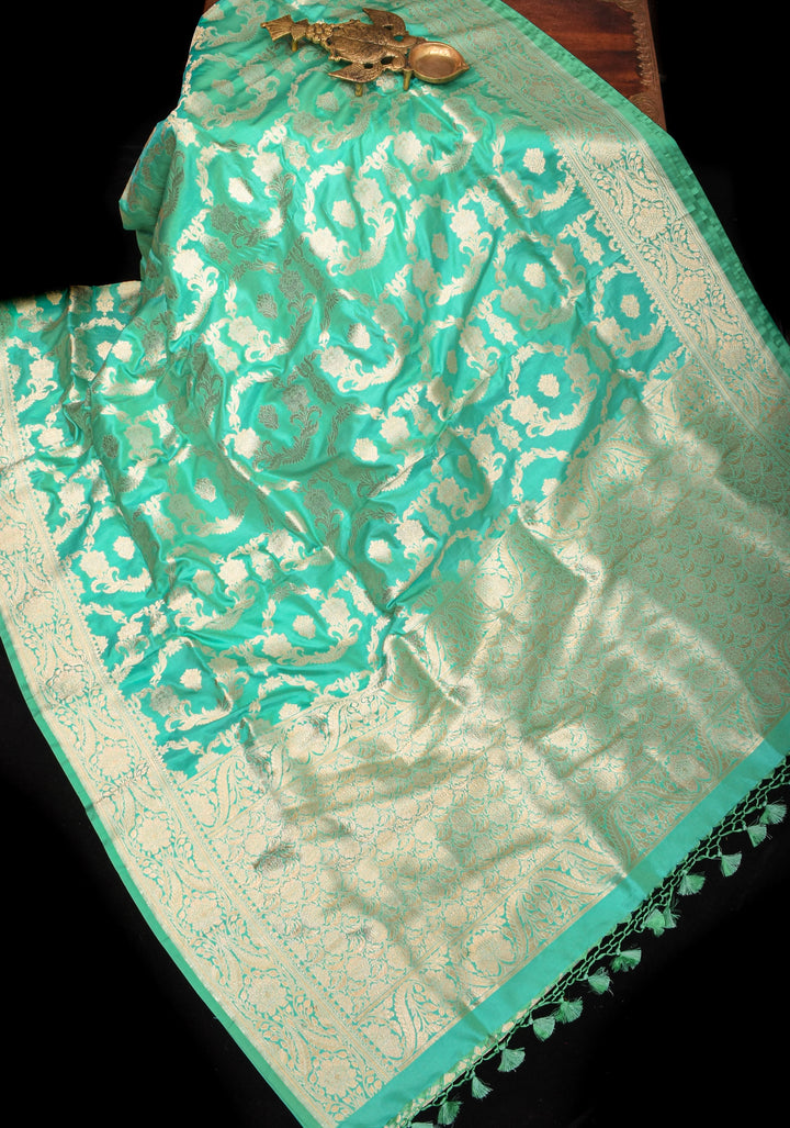 Seafoam tone Exquisite Floral Jaal Pure Katan Silk Banarasi Saree with zari border and pallu | SILK MARK CERTIFIED