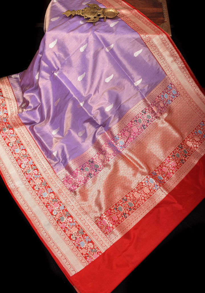 Lavender Pure Tissue Silk Banarasi Saree with alfi Leaf Motifs and  Meenakari Wide Kadhiyal Border | SILK MARK CERTIFIED