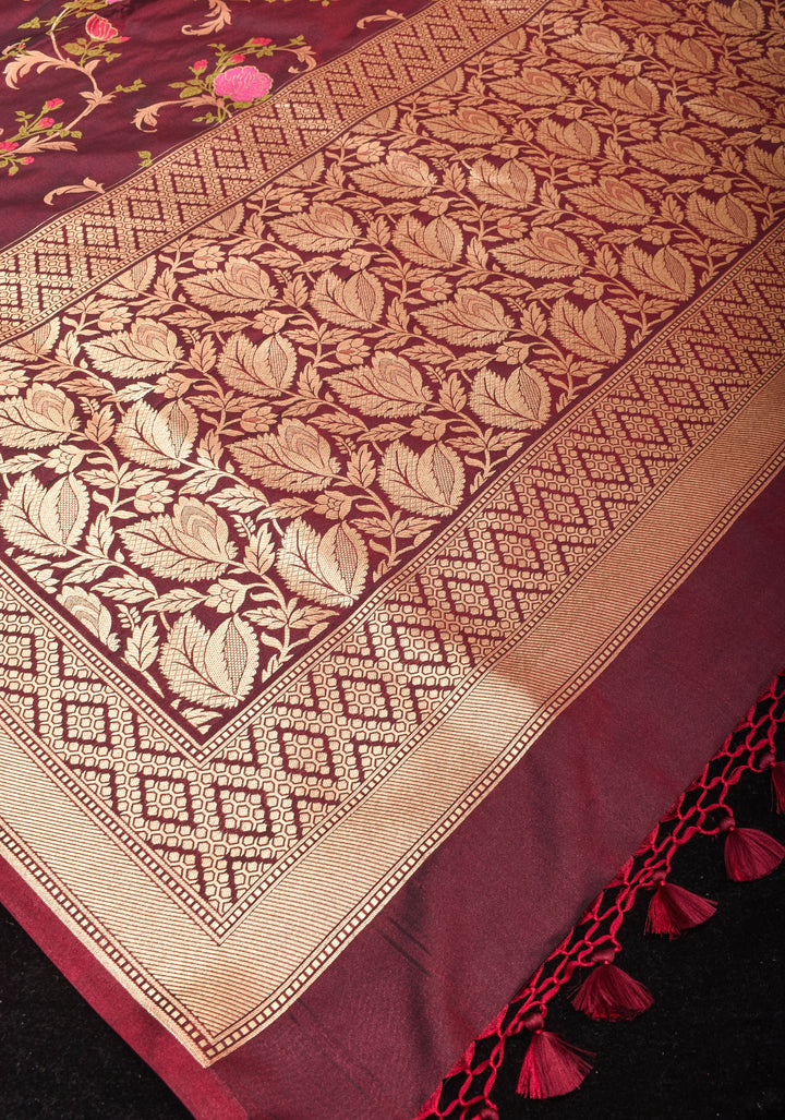 Rose Splendor: Brown Exquisite Meenakari Rose Jaal Semi-Silk Saree with Zari Border