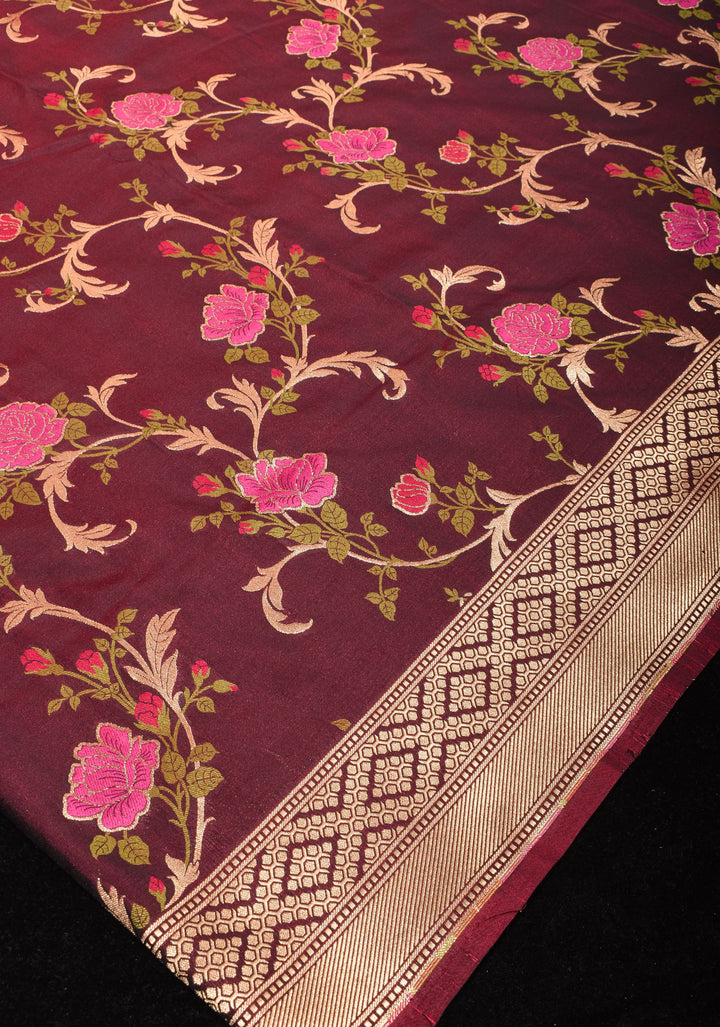 Rose Splendor: Brown Exquisite Meenakari Rose Jaal Semi-Silk Saree with Zari Border