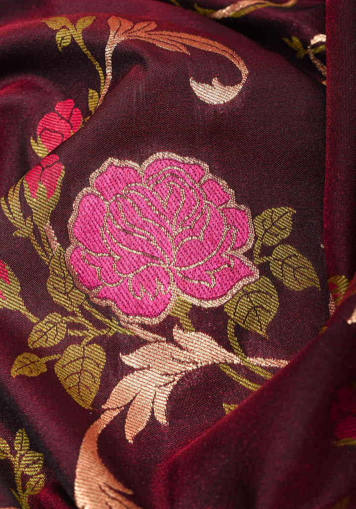 Rose Splendor: Brown Exquisite Meenakari Rose Jaal Semi-Silk Saree with Zari Border