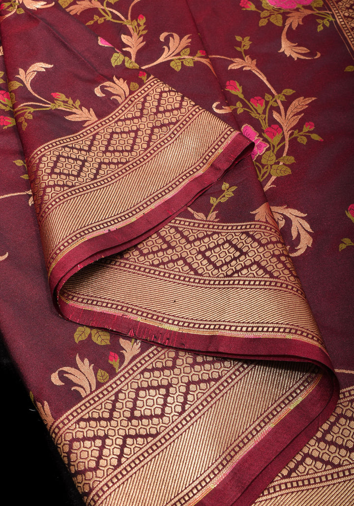 Rose Splendor: Brown Exquisite Meenakari Rose Jaal Semi-Silk Saree with Zari Border
