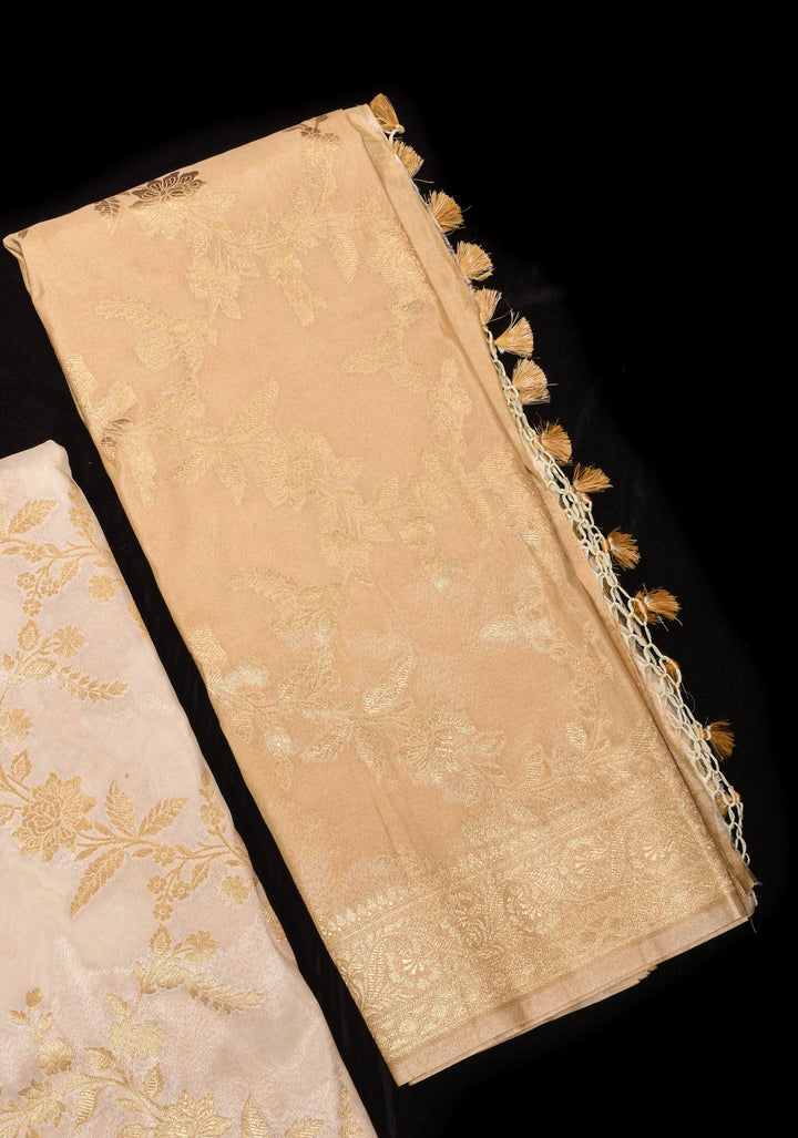 Ivory Tissue Semi silk saree with leheria Zari Floral vine Pattern and Meenakari Zari Pallu