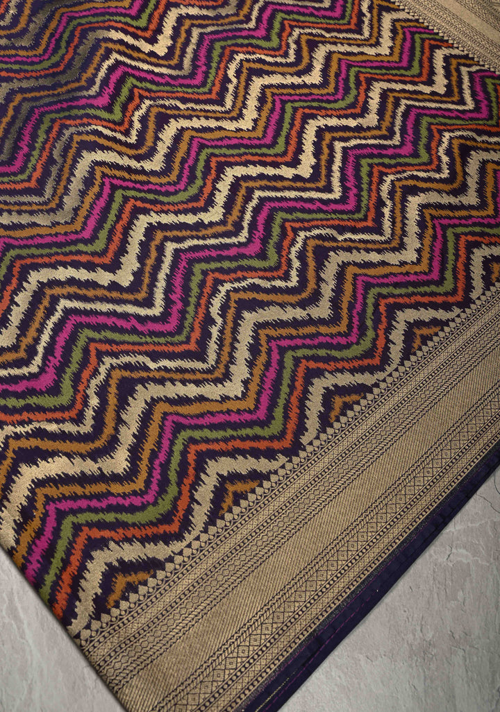 Multicolor Semi Silk Saree with Chevron Design and Zari Border
