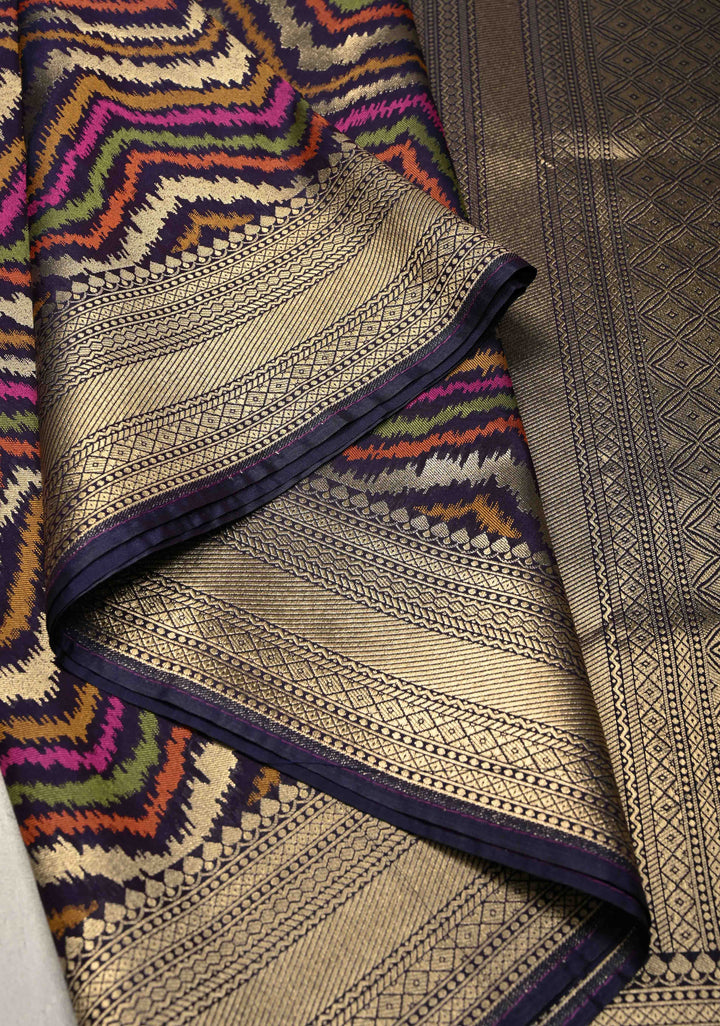 Multicolor Semi Silk Saree with Chevron Design and Zari Border