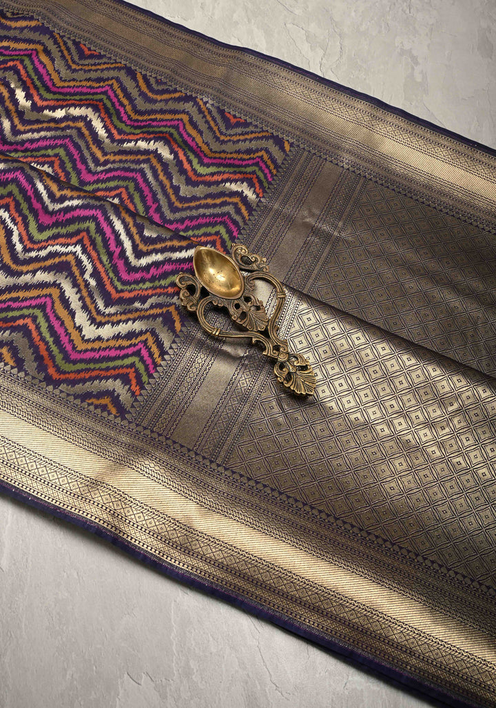 Multicolor Semi Silk Saree with Chevron Design and Zari Border