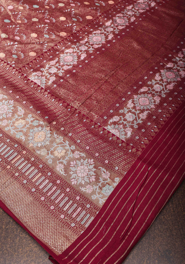 Aubergine Banarasi Katan Silk Saree with Floral Meenakari Tissue | SILK MARK CERTIFIED