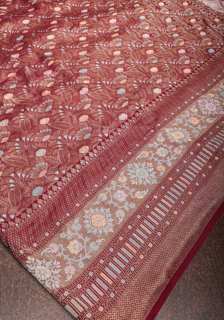 Aubergine Banarasi Katan Silk Saree with Floral Meenakari Tissue | SILK MARK CERTIFIED