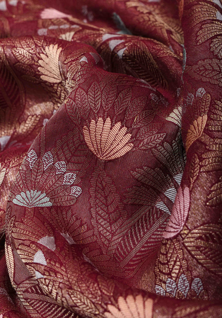 Aubergine Banarasi Katan Silk Saree with Floral Meenakari Tissue | SILK MARK CERTIFIED