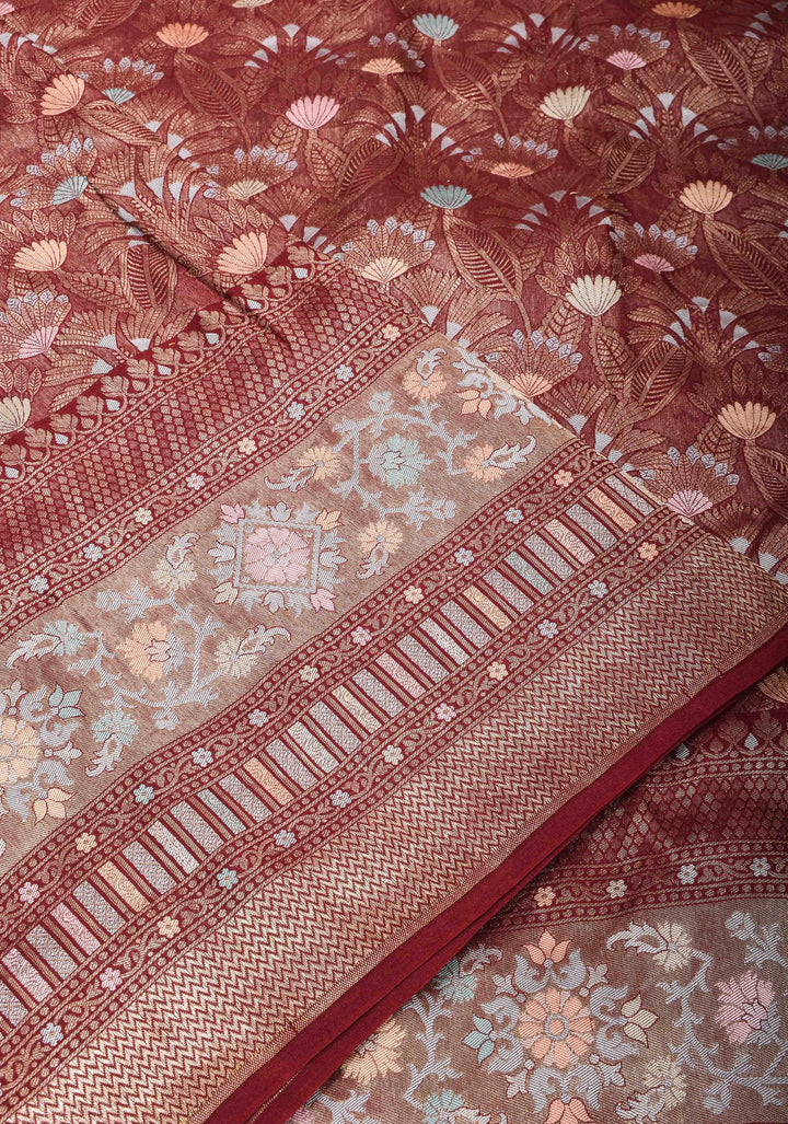 Aubergine Banarasi Katan Silk Saree with Floral Meenakari Tissue | SILK MARK CERTIFIED